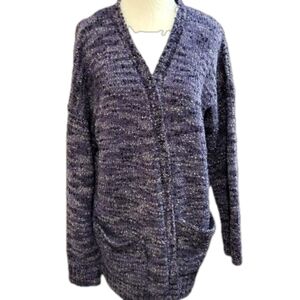 Dark purple marled knit V-neck buttonless cardigan, medium-sized